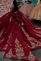 Ball Gown Off Shoulder Sleeveless Gold Sequins Appliques Big Bow Knot Sparkly Burgundy Tulle Quinceanera Dress Birthday Party Dress Evening Formal Gown For Sweet 16